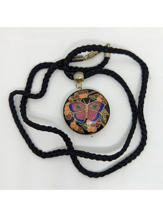 Unknown Jewelry - Vtg Cloisonné Butterfly Pendant Necklace Black Braided Cord Gold-Tone Floral 1.5